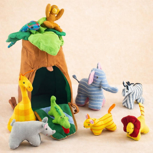 Handcrafted Organic Cotton Jungle Tree Playhouse with Animals