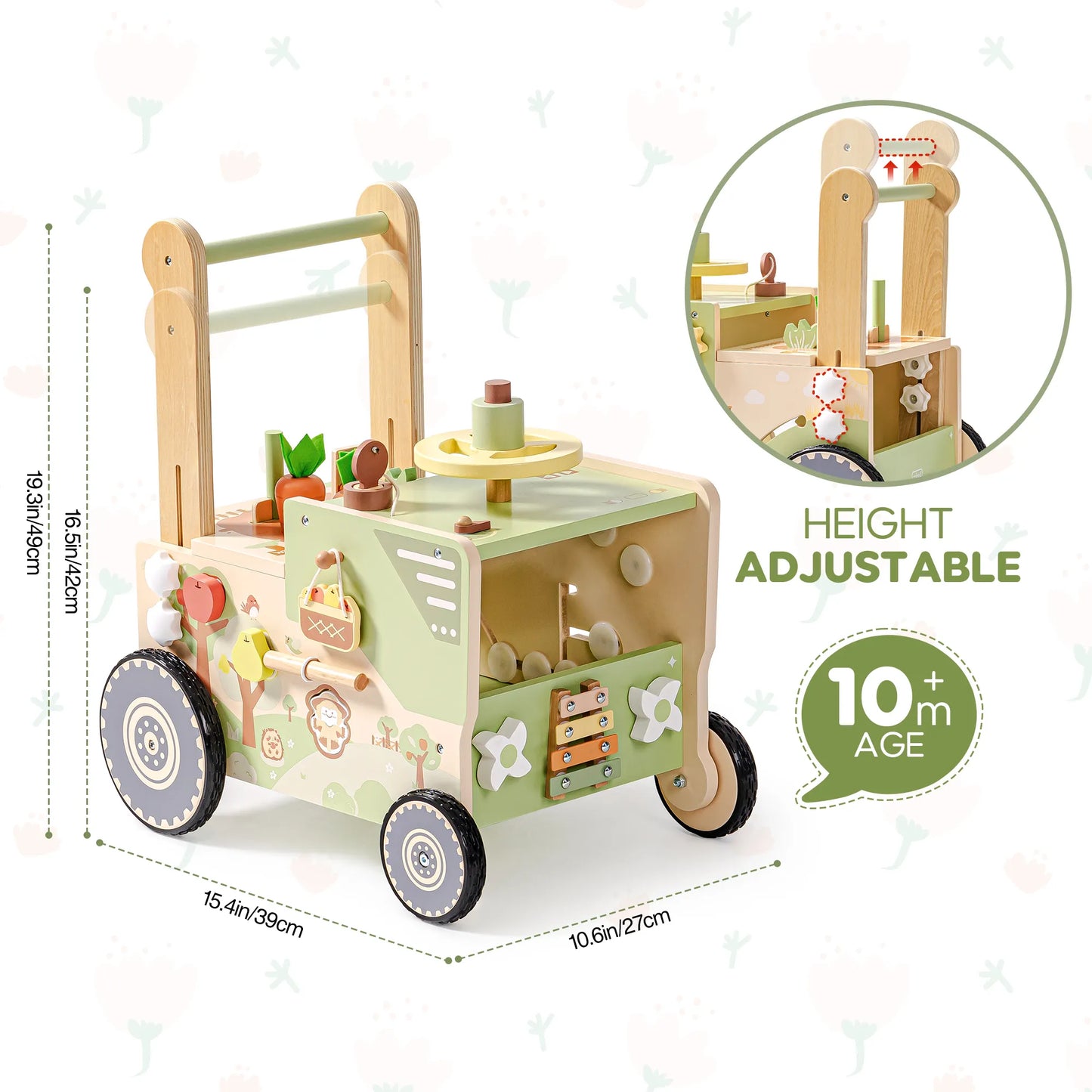ROBUD Wooden Baby Push Walker Green Farm