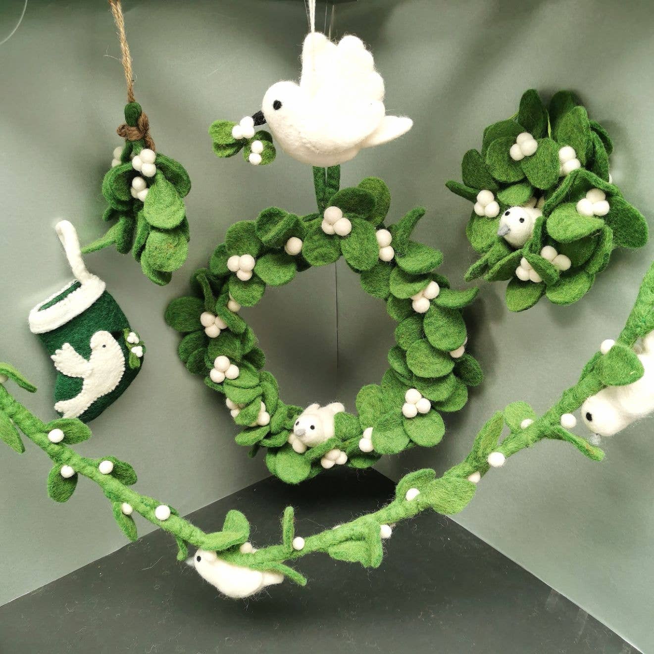 Handmade Felt Biodegradable Mistletoe Sprig Christmas Tree Decoration