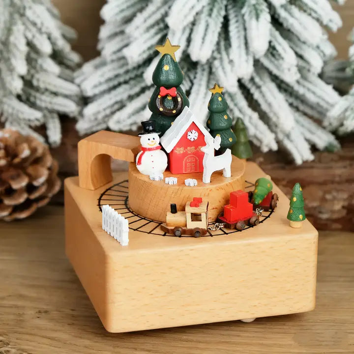 Christmas Wooden Handmade Music Box with Revolving Train