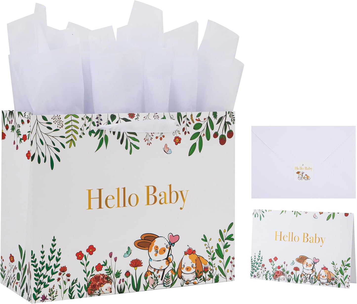 Large White Gift Bag Set with Greeting Card and Tissue Papers