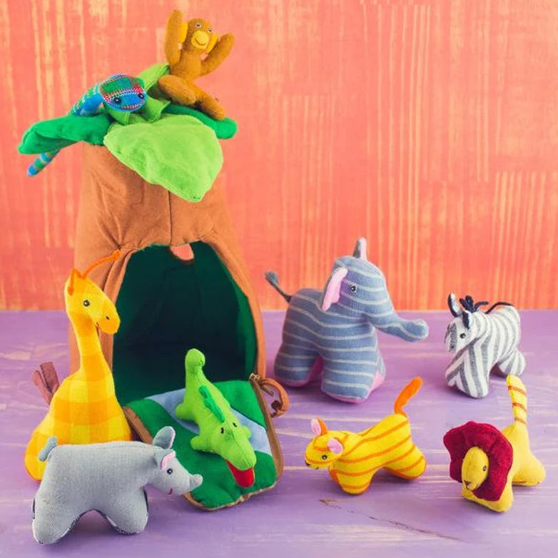 Handcrafted Organic Cotton Jungle Tree Playhouse with Animals