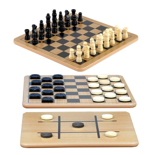 Chess Checkers Tic-Tac-Toe 3-in-1 Wood Board