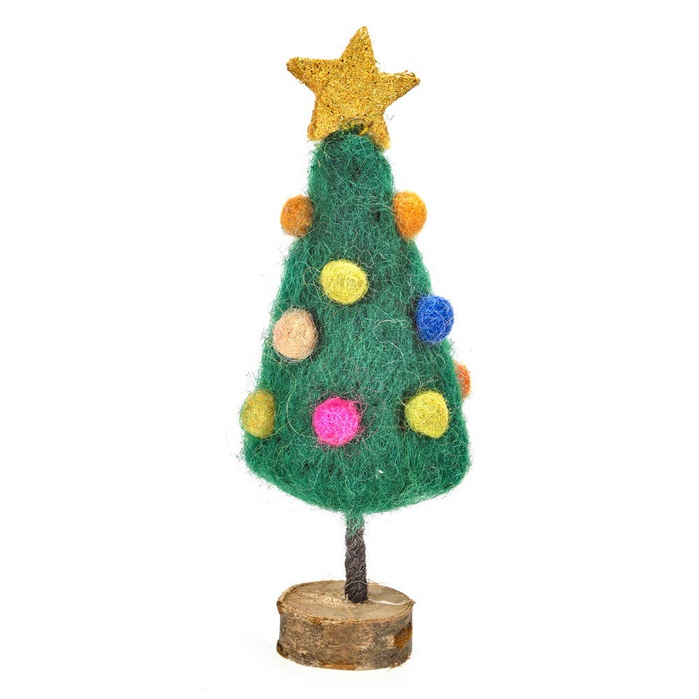 Handmade Felt Mini Xmas Tree on Wooden Stand Standing Christmas Tree Decoration