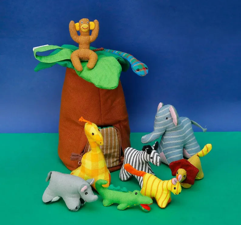 Handcrafted Organic Cotton Jungle Tree Playhouse with Animals
